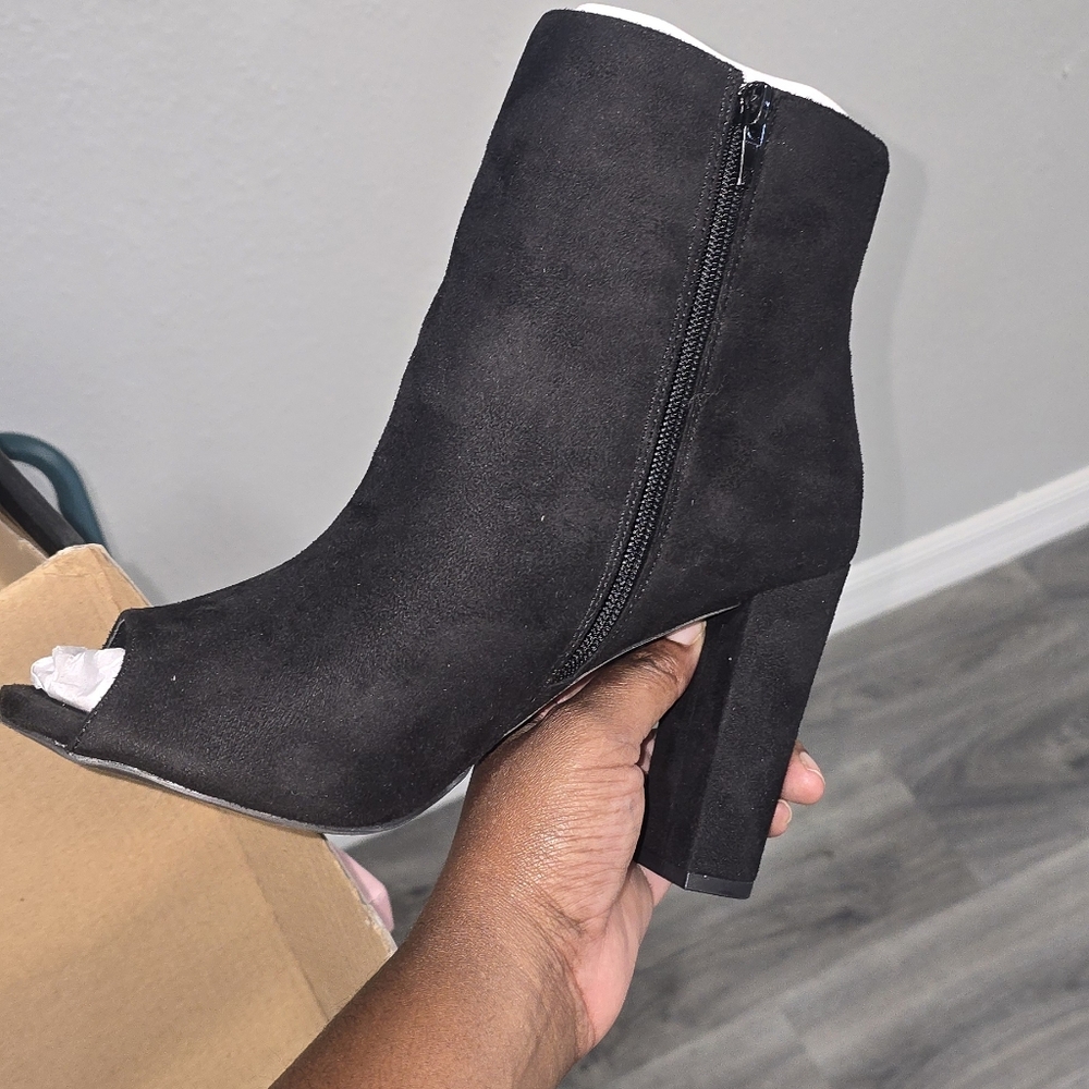 Black Suede Peep-Toe Ankle Boots